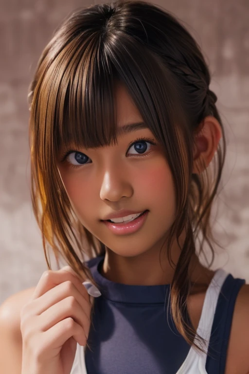 (((( one girl )))), Put your hand over your mouth、Beautiful breasts、 Brown eyes, ((Gal Hairstyles)) blonde, girl, (Eye and facial details:1.0), break, (masterpiece, Highest quality, Very detailed, Detailed face, 8k),( dark skin:2.05 ), (((( school swimsuit...