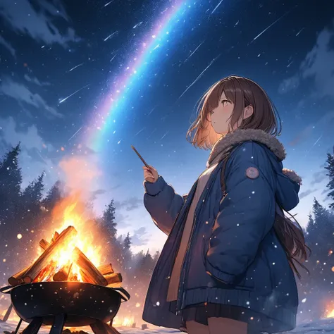 Girl having a bonfire,Stargazing,The girl is wearing winter clothes,Very cold,winter,White breath comes out,Brown Hair,Short Bob,Smoke rises into the sky,Pointing at the sky,Rainbow Sky,night,Meteor Shower,masterpiece,Best Quality,Exquisite,8k,Absurd,Ultra...