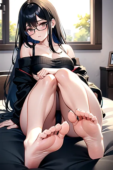 Highest image quality, outstanding details, ultra-high resolution, the best illustration, favor details, highly condensed 1girl, with a delicate and beautiful face wearing black glasses, dressed in a matching black bra and underwear that hints at her form,...