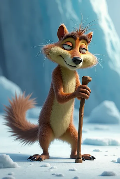 Scrat from the ice wound but old and with a cane 