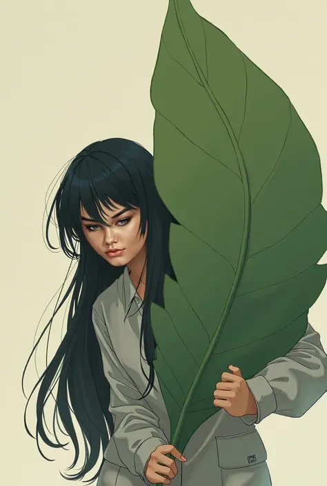 21st Century Realistic Illustration, with long black hair, brown eyes, standing pushing a giant leaf 