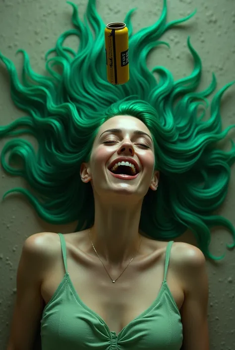 Woman in love lying on the ground, her green hair spreads across the floor, close to your head, above, has a round landmine surrounded by her hair