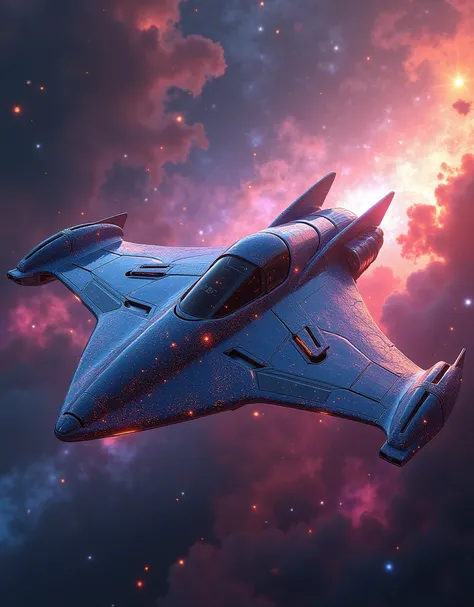 A sleek, enigmatic starfighter streaks through the cosmos, her ethereal form is a captivating blend of grace and power. A imagem, rendered in a hyper-realistic digital painting, shows every brilliant curve and intricate detail of the spacecraft. The metal ...