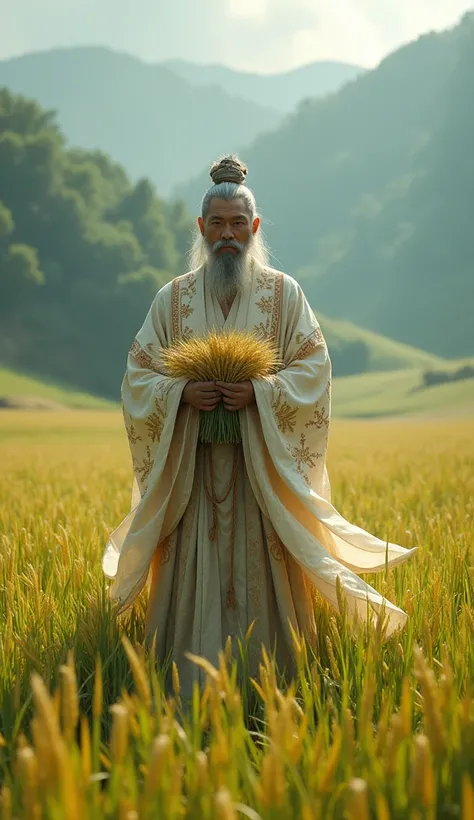 Create the most amazing live-action image of Otoshigami。Otoshigami is the god of rice。Please bring some rice。Please create it as a male