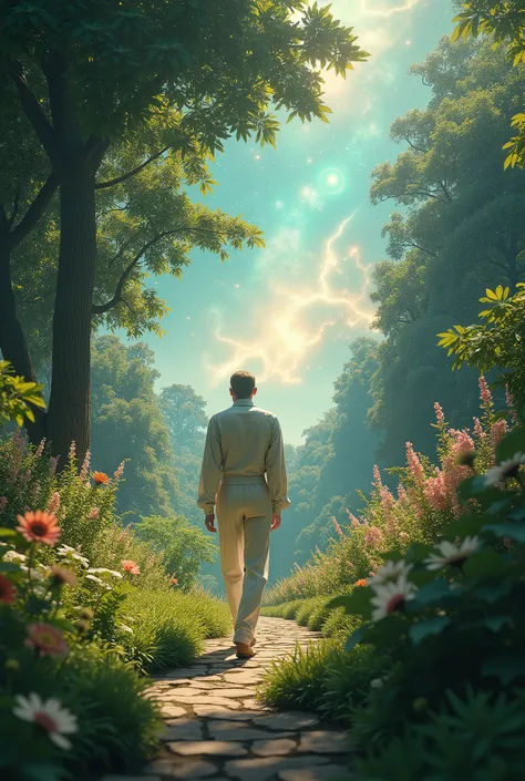 Ultra-realistic image of a serene garden with a human figure (Adam) walking, while distant images of galaxies and scientific symbols like atoms are subtly blended into the sky, symbolizing the debate between faith and science.