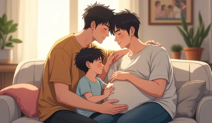 I want two men, the man on the right is sitting on the couch stroking his belly because he is pregnant, the other man is kissing him while the youngest son is stroking his father&#39;s belly, they are in their house and all the characters in this image are...