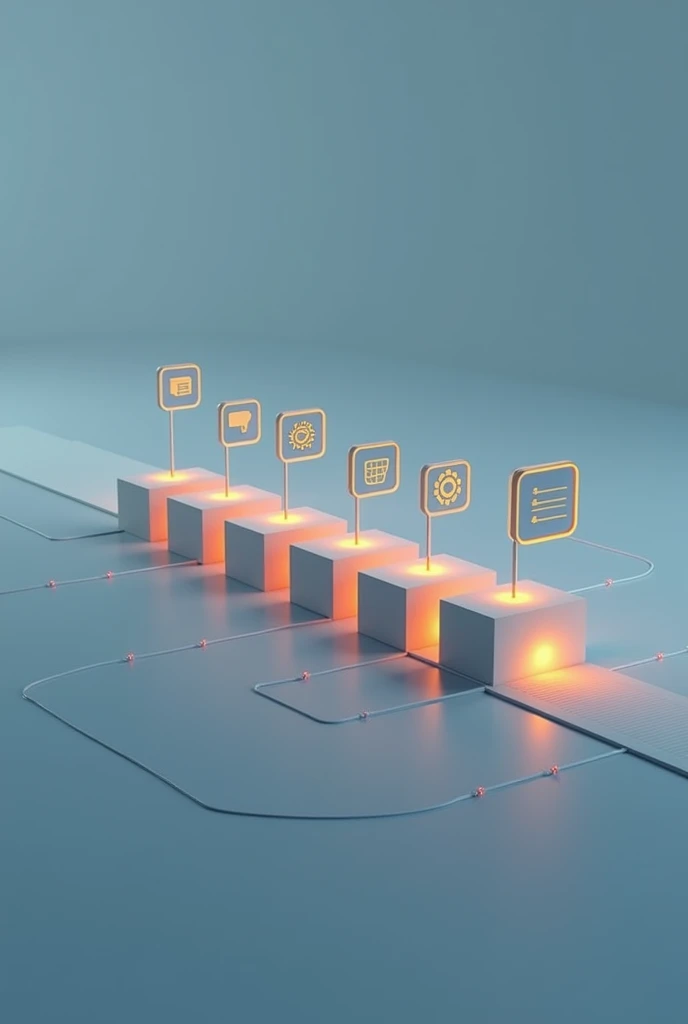 A clean, linear progression with phases (Planning, Design, Implementation, Testing, Maintenance) as moving blocks on a timeline. Each step lights up with minimalist icons.