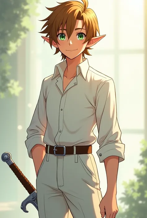 a tall boy in his 17s. honey brown hair length to his solders green eyes and very handsome with an attractive simile have elf like ears friendly and attentive. always wear a white shirt and pants have a silver sword in his belt anime like picture
