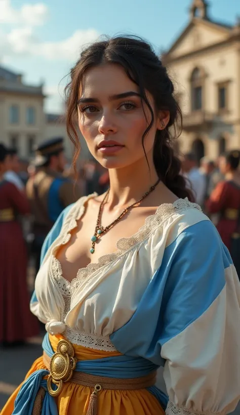 1girl, beautiful detailed eyes, beautiful detailed lips, extremely detailed eyes and face, long eyelashes, argentine woman, detailed face, lady, historical dress, full body, she has big breasts, she is outside the Cabildo in Argentina, two braids, a histor...