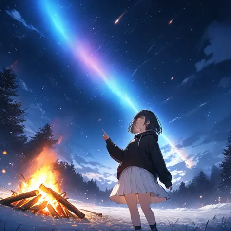 girl having a bonfire,stargazing,black hoodie,white skirt,black sneakers,very cold,winter,white breath comes out,black hair,shor...