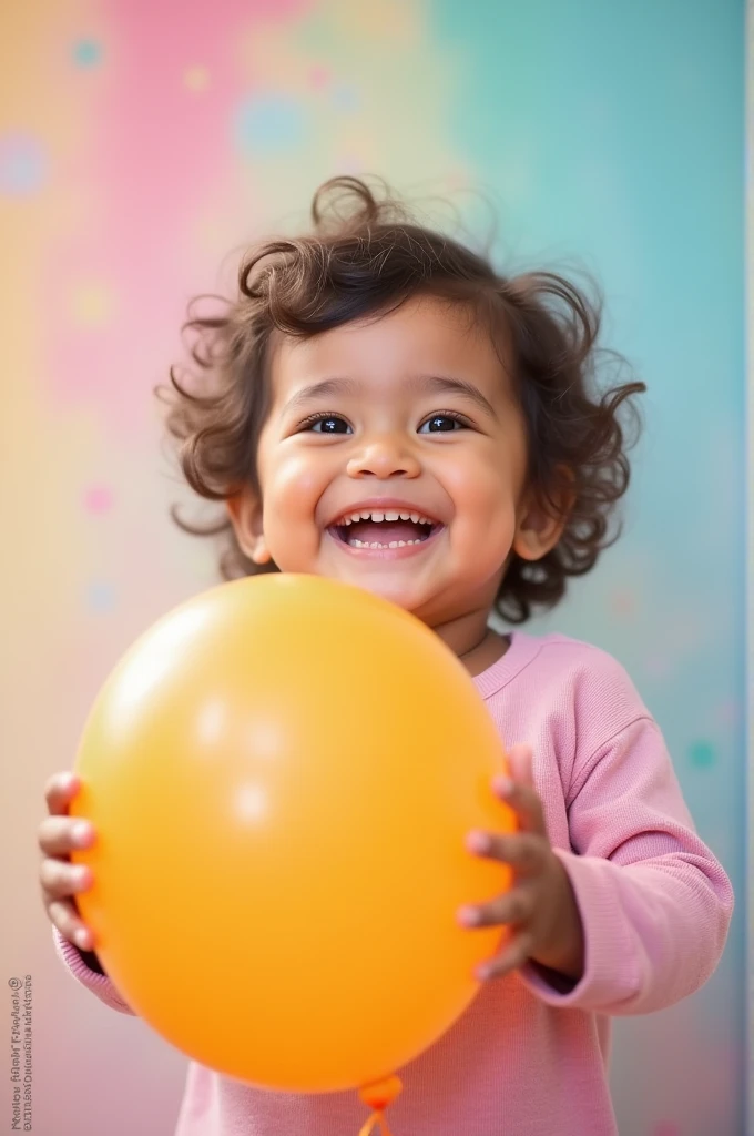 A toddler with a big smile holding a colorful balloon."