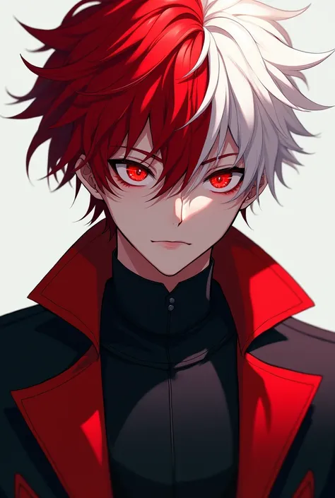 Boy handsome red and white hair red eye red and black jacket