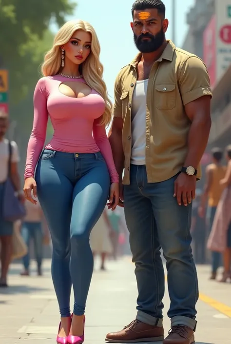  Tiny teenage blonde bimbo girl massive breast booty flaunts curves in extremely skin tight pink full sleeves tshirt and blue jeggings. Shiny pink high heels.long earrings.with very very tll dark black man who has saffron tilak on forehead in normal clothe...