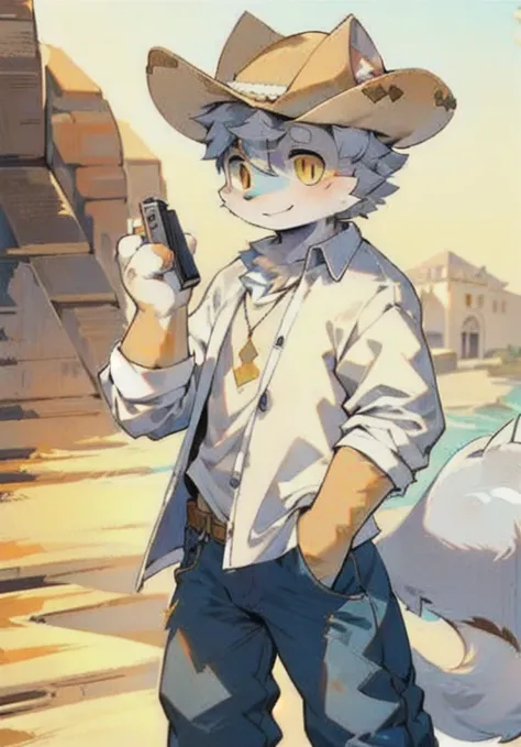 ，White male cat，boys，Lovely，Q version，，Big furry tail pad，Golden Eyes，Silver Hair，Detailed background，desert，Cowboy hat，jeans，Western Cowboy，Plaid clothes，Holding a pistol