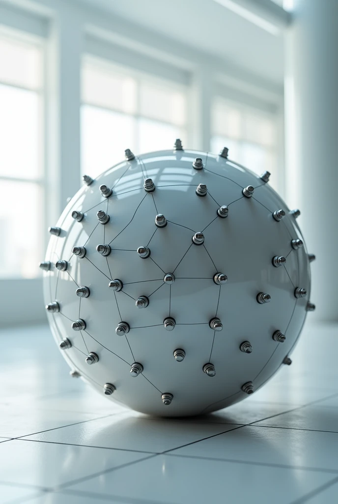 A spherical structure with small similar microphones attached to it evenly sparcly placed 