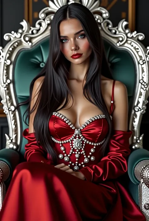 A beautiful woman with European features, 20 years old, Long straight black hair , Blue-eyed, red lips, blushing cheeks, with elegant red dress, sitting on a diamond throne