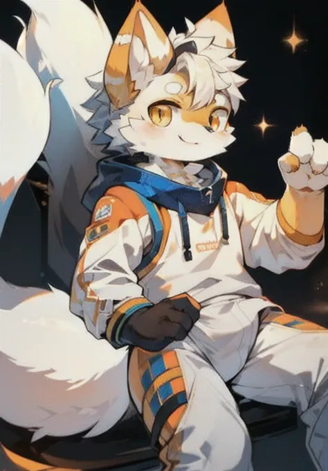 On the Moon，A white male cat，Orange fur，White fur，Silver Hair，Golden Eyes，Big furry tail，Furry ears，Meat pad，Happy，Lovely，Q version，Wearing a space suit