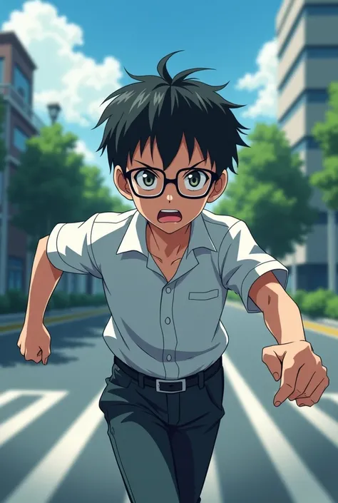 Generate me an anime boy (teenager) with glasses that is running (rushing) towards the hospital with a serious face. His facial expression is scared/worried. He’s wearing uniform and side view