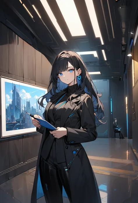 beautiful, Alone, 1 female, mature, Long hair, black hair with bangs, Blue eyes, Cyberpunk Black Suit, A slightly relaxed face, Future-oriented, dices, earring, Draw a picture, foyer, hold a pen in one&#39;s hand, Looking at the picture, Sitting on a chair