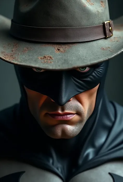 Image of Batman with a country hat showing only his face from the front and the hat without a beard, darker than the image of his face from the front. 
