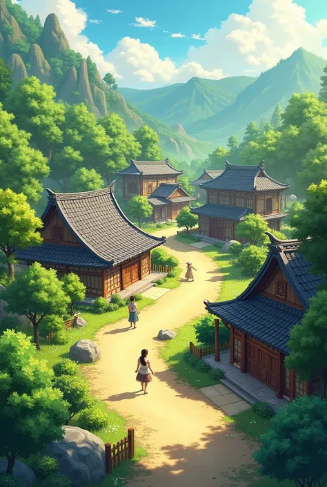 **Prompt:** "A peaceful village with traditional houses, surrounded by lush greenery and trees. The sun is shining brightly, casting a warm glow over the scene. The village is serene and calm, with a few villagers going about their daily activities."