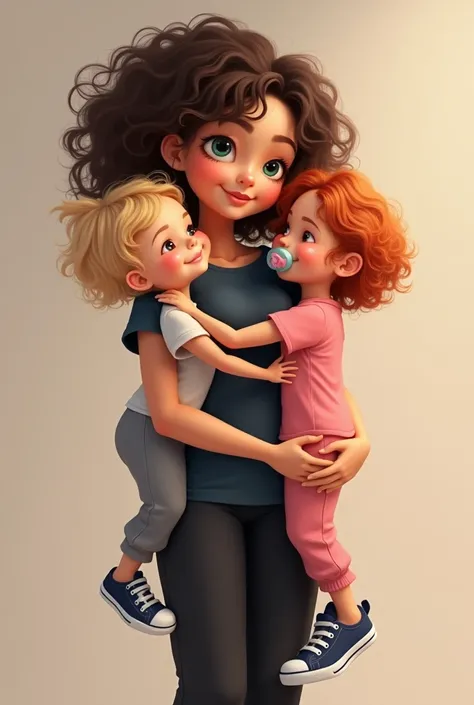 A woman holding two one-year-old girls, the woman has voluminous, defined curly brown hair and is brunette, She wears a dark blue t-shirt and black baggy pants and black sneakers, the girl on the right is white and has very short, loose light red hair, wea...