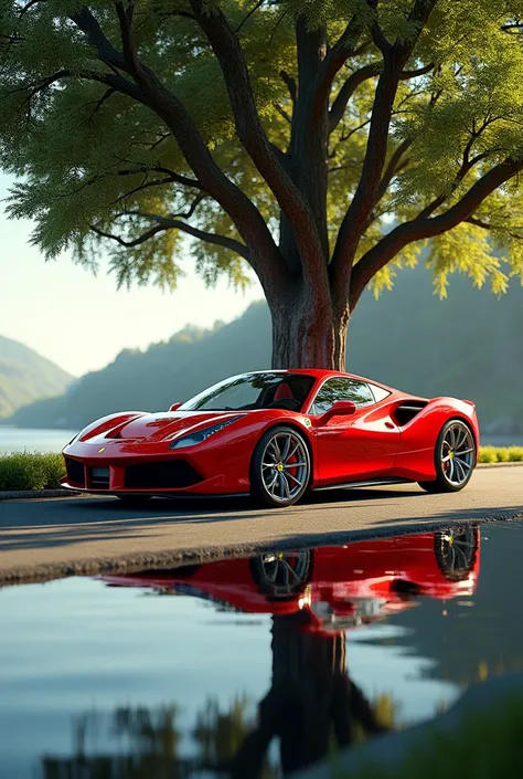 A red Ferrari under the tree with full reflection and reflection of car in the water in the road