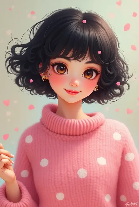 A woman with short curly black hair wearing a pink polka dot sweater 