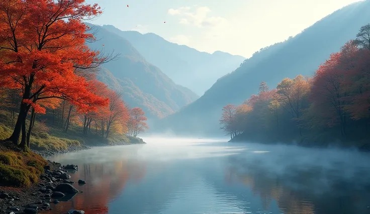 "An early morning in a Japanese mountain valley, with a calm river reflecting the vibrant autumn foliage in shades of red, yellow, and orange. Mist rises gently over the water, creating a mystical atmosphere. The trees along the riverbank are adorned with ...