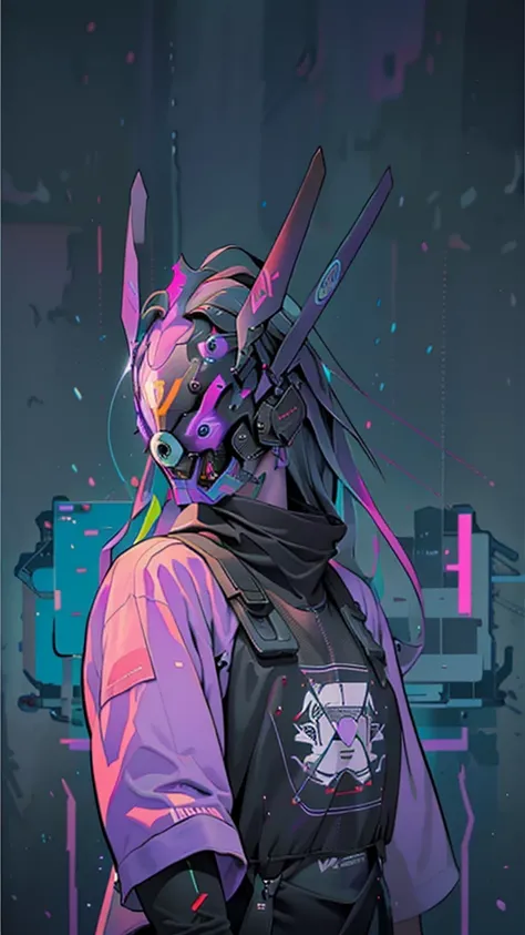 One slim man、cyberhelmet、Silver Hair、Lion-like mask、A dark city with purple and green neon lights、whole body、1990s, (Flat Color, Flat texture, Line art:1.2), graphic design, (Dark Ink, Ink Black), 