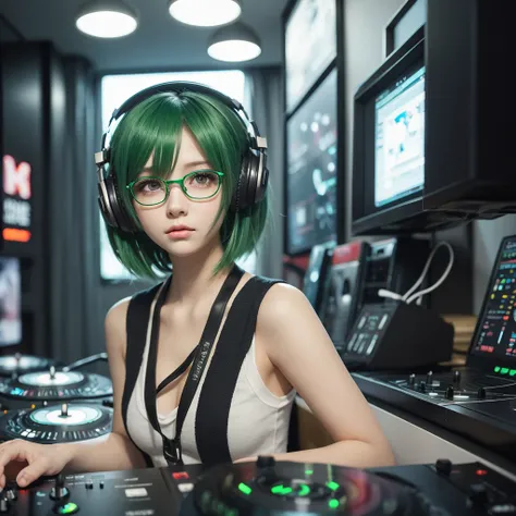 anime, DJ Girl, DJ, DJ girl, Headphones, Highly praised, (Best image quality),masterpiece,Best Quality,extremely detailed CG wallpaper, Ultra_detailed,(Cinema Lighting:1.1), (Cold Face), Green Eyes, One girl, Alone, deep green_hair, short_hair, masterpiece...