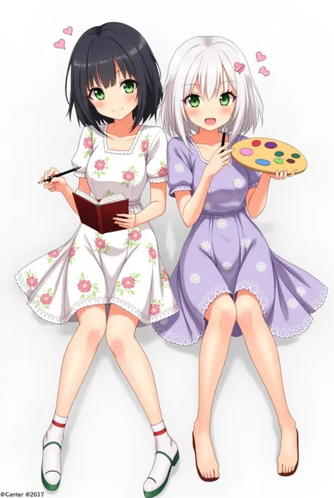 2 girls 20 years old, one with shoulder length black hair and green eyes, holds pencils and a sketchbook, the second one has white hair below the shoulders with green eyes, holds a palette for painting, both in short floral dresses, one of them white, seco...