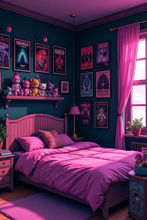 image of a room (designed in anime format and 90s aesthetics) its tones must be exclusively: black, pink and dark purple. the walls must contain posters of horror films and rock bands, the bed must be pink and there must be a shelf full of teddy bears (car...