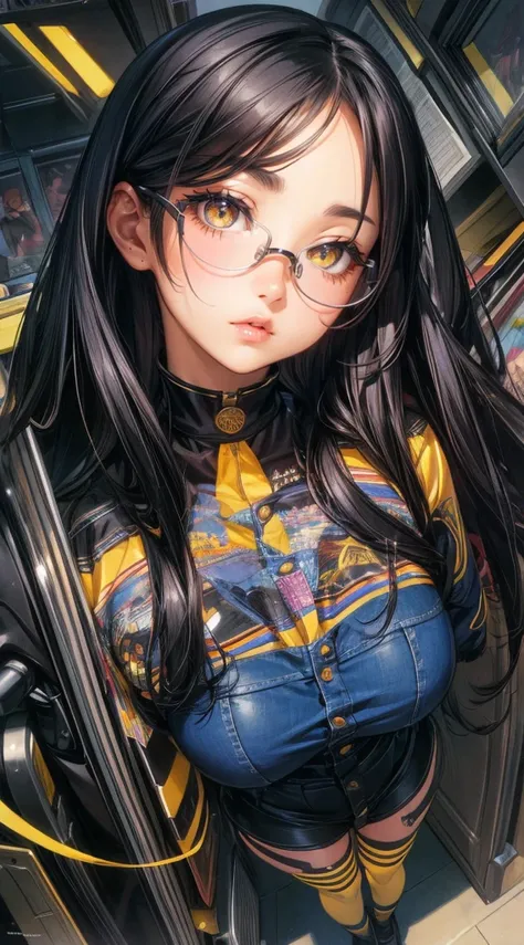 (best quality, masterpiece:1.2), illustration by hajime sorayama, woman, 20 years old, very long black hair, yellow eyes, glasses, thick, high fashion, short socks, solo