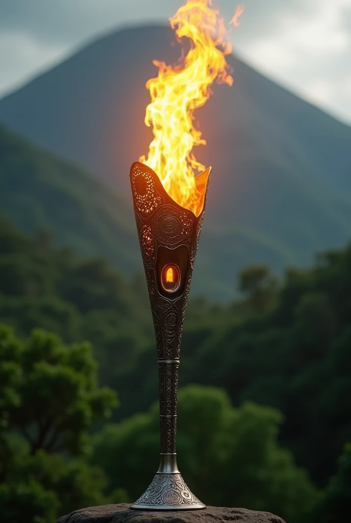 Create an image of a torch where fire is carried every September 14 in Guatemala, This must have innovative technology, util, ecological and industrialized.