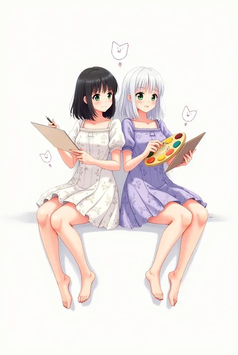 2 girls 20 years old, one with shoulder length black hair and green eyes, holds pencils and a sketchbook, the second one has white hair below the shoulders with green eyes, holds a palette for painting, both in short floral dresses, one of them white, seco...