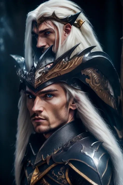 a male elf ((with white long hair)), (((beautiful face))), ((pointed ears)), ((sharp eyes)), wearing dark blue complex shape armor with gold line, carrying a large spear with a complex shape, (best quality,4k,8k,highres,masterpiece:1.2),ultra-detailed,(rea...