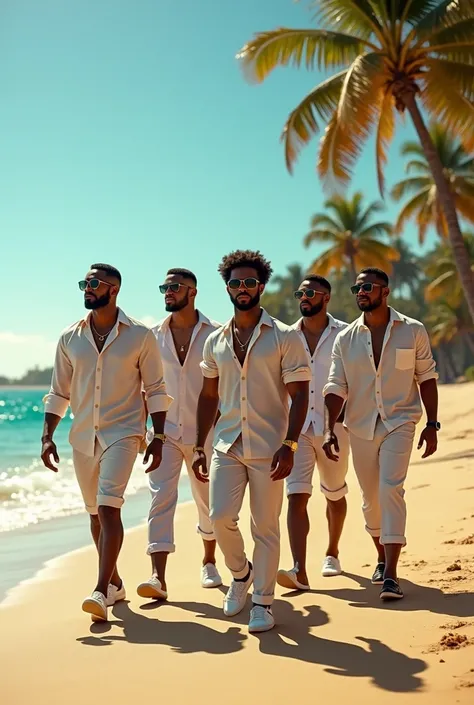 Group of handsome black man walking down the beach