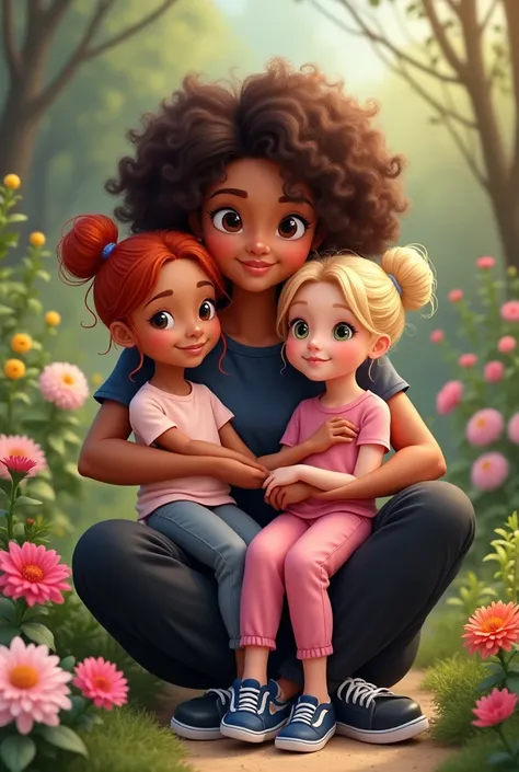 A woman holding two one-year-old girls, the woman has voluminous, defined curly brown hair and is brunette, She wears a dark blue t-shirt and black baggy pants and black sneakers, the girl on the right is white and has very short, light red hair, Smooth an...