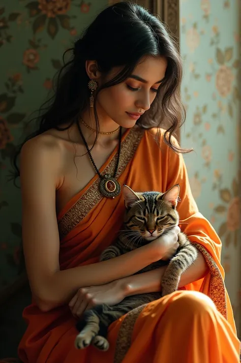 Half nude indian traditional women wearing saree and petting a cat