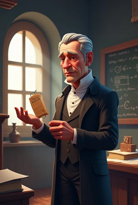  A cartoon character in fortnite style, similar to August Möbius in a historical setting. Depict him as an older man with a serious expression, wearing 19th-century academic attire, including a dark suit and a high-collared white shirt. He is holding a Möb...