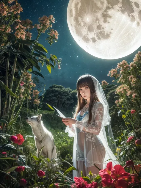 (OTTO RAPP style) , coquettish Wolf girl , euphoria , Mysterious , Madness , Transparent Oriental Frilly large fabric , bold action , Flowering Hill , moon light , Transform when you see the full moon , Contemporary , (Horror) , Bloodthirsty , turn