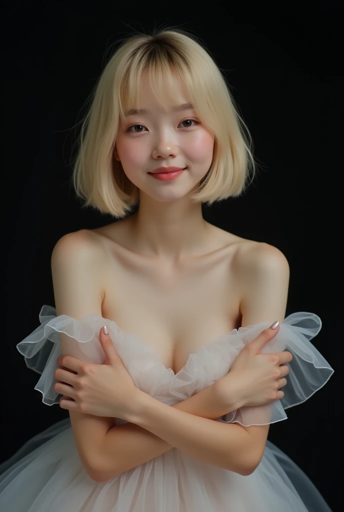 Real photo, Masterpiece, Transparent Tulle, Nipples are clearly visible, nakid, female high school student, short bob cut with bangs, Sitting flat, baby face, Detailed eyes, Detailed double eyelids, Natural makeup, pink lips, Laugh with a crumpled face,bla...