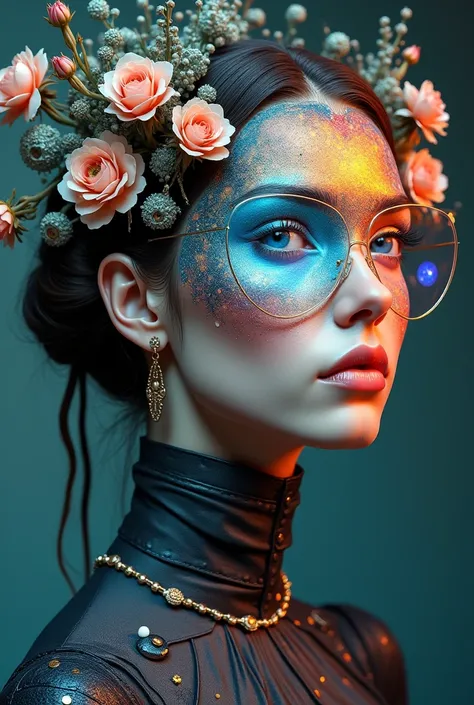 Cybernetic Fusion: The first portrait blends organic features with intricate, high-tech circuitry. The face is partially metallic, with glowing, holographic elements integrated into the skin.Surrealist Dreamscape: The second portrait depicts the face as pa...