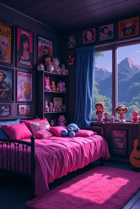 image of a bedroom (designed in anime format and 90s aesthetic) its tones should be exclusively: black, pink and dark purple. the walls should contain posters of horror films and rock bands, the bed should be pink and there should be a shelf full of teddy ...