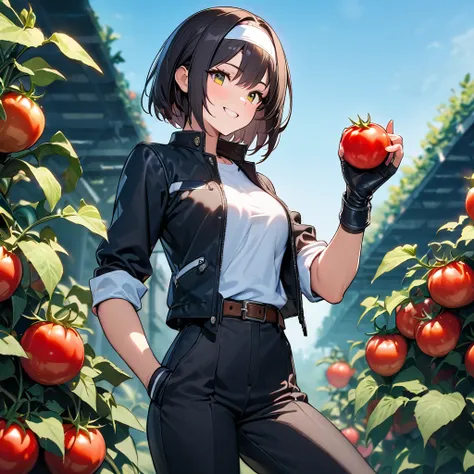 Superb, Superb definition, Top quality, 8K, Perfect appearance, Woman growing tomatoes in garden, , Beautiful figure, Shining eyes, Shining black hair, Smiling face, Blue sky, (holding ripe tomatoes), Short bob, ((black jacket with rolled up sleeves)), Fin...