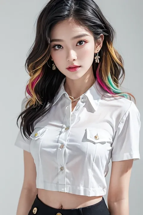 Top quality, RAW Photo, Highest Quality Image, 16K, Full body, Age 22, Realistic, Photorealistic,  Beautiful Asian woman, Sexy, body, White pale skin, ((( Multicolor Hair ))), ((( Short and wavy hairstyle ))), Modern hairstyles, Detailed face, Detailed bod...