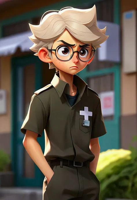 Generate me an anime boy (teenager) with glasses that is running (rushing) towards the hospital with a serious face, he’s sweating and his eyes have tears. His facial expression is scared/worried. He’s wearing uniform. Make the image side view