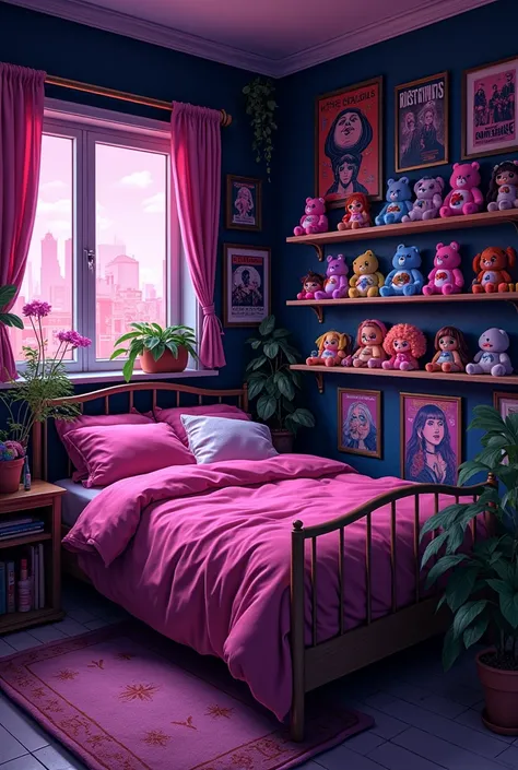 image of a bedroom (designed in anime format and 90s aesthetic) its tones should be exclusively: black, pink and dark purple. the walls should contain posters of horror films and rock bands, the bed should be pink and there should be a shelf full of teddy ...