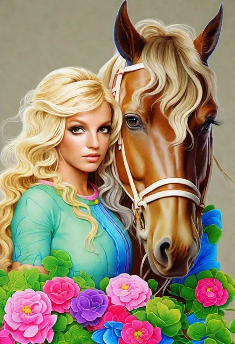 britney e um cavalo, with colorful flowers around her body, linda imagem, wavy hair , look at photo, best quality, <xml><input>realistic</input></xml>, <xml><input>realistic</input></xml>, Award Winning Illustration, (Highly detailed texture of face and sk...